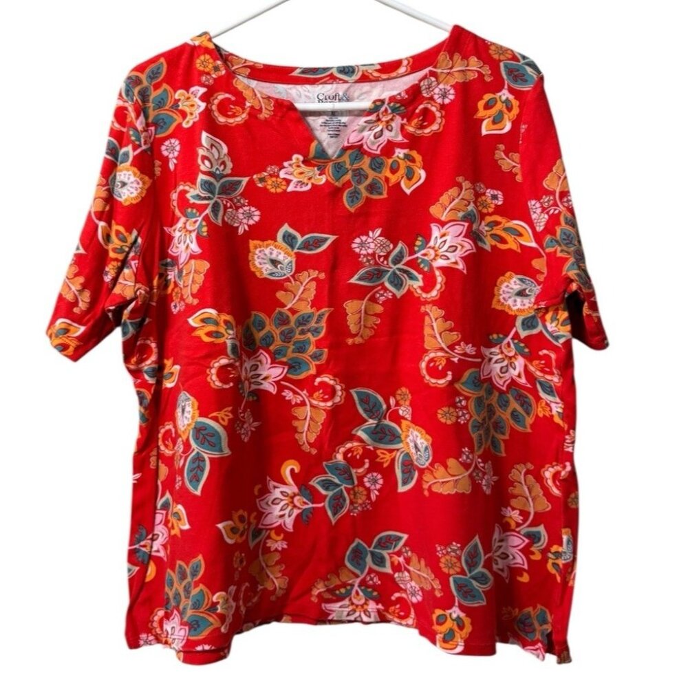 Croft & Barrow T-Shirt Women Size XL Floral Paisley Cotton Colorful Short Sleeve